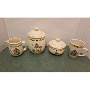 6 PC. THOMPSON POTTERY BIRDHOUSE. SUGAR BOWL, CREAMER, MUG, 7.5" CROCK AND LIDS.
